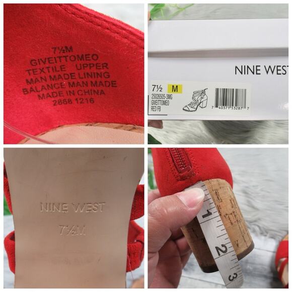 NINE WEST Give It To Me Red Suede Strappy Cork Heel Sandal Women’s Size 7.5 - Picture 13 of 15